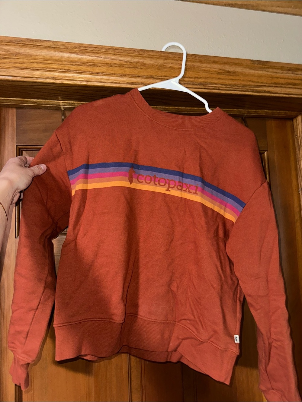 cotopaxi Rust Crewneck with Rainbow Stripe